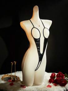 SHEIN Bộ đồ liền thân hở đáy hở da PU gợi cảm dành cho nữ, cực kỳ gợi cảm, quyến rũ khi đi chơi - màu đen - Xem 4