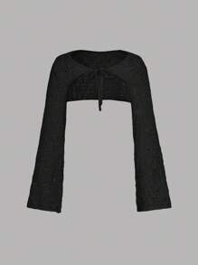 SHEIN MOD 杏色系带针织镂空喇叭袖开衫，度假开衫，波西米亚开衫，沙滩开衫，女士乡村风，春季开衫外套