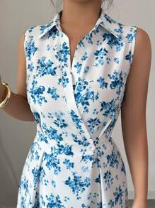 SHEIN LUNE 女式前扣领无袖动物豹纹口袋休闲连衣裙长款女装 - 藍色 - 查看 4