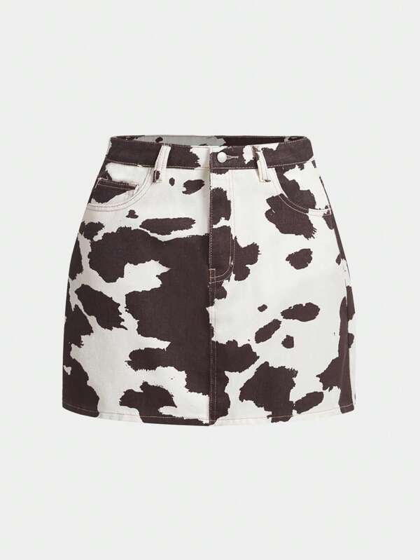 SHEIN MOD Women's Cow Print Casual Cotton Denim Skirt