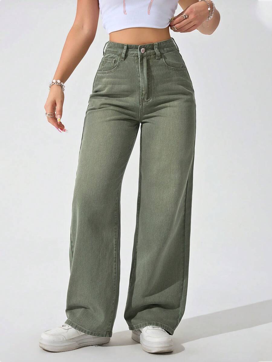 Jeanoix Women's Solid Color Casual Denim Jeans - Army Green - View 1