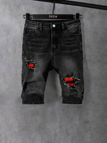 SHEIN Quần jean ngắn bó sát co giãn Y2K thời trang thường ngày cho bé trai, quần jean đen cắt xẻ, rách, đỏ, vá, mềm mại, mặc hàng ngày và bốn mùa, quần áo mùa hè cho bé trai. - màu đen - Xem 2