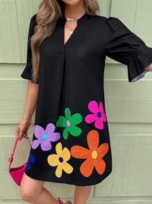 SHEIN Clasi Summer Holiday Outfits  Women's New Fashionable & Elegant V-Neck Black Floral Print Daily Commute Stylish Summer Dress Women Short Dresses Summer Woman S Summer Clothes,Bohemian Clothes - Multicolor - View 5