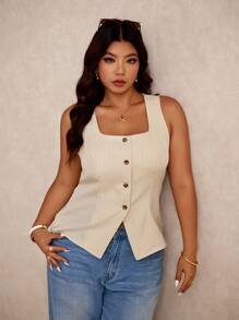 Elaquor Plus Size Women's Square Neck Sleeveless Button Decor Blouse - Apricot - View 4