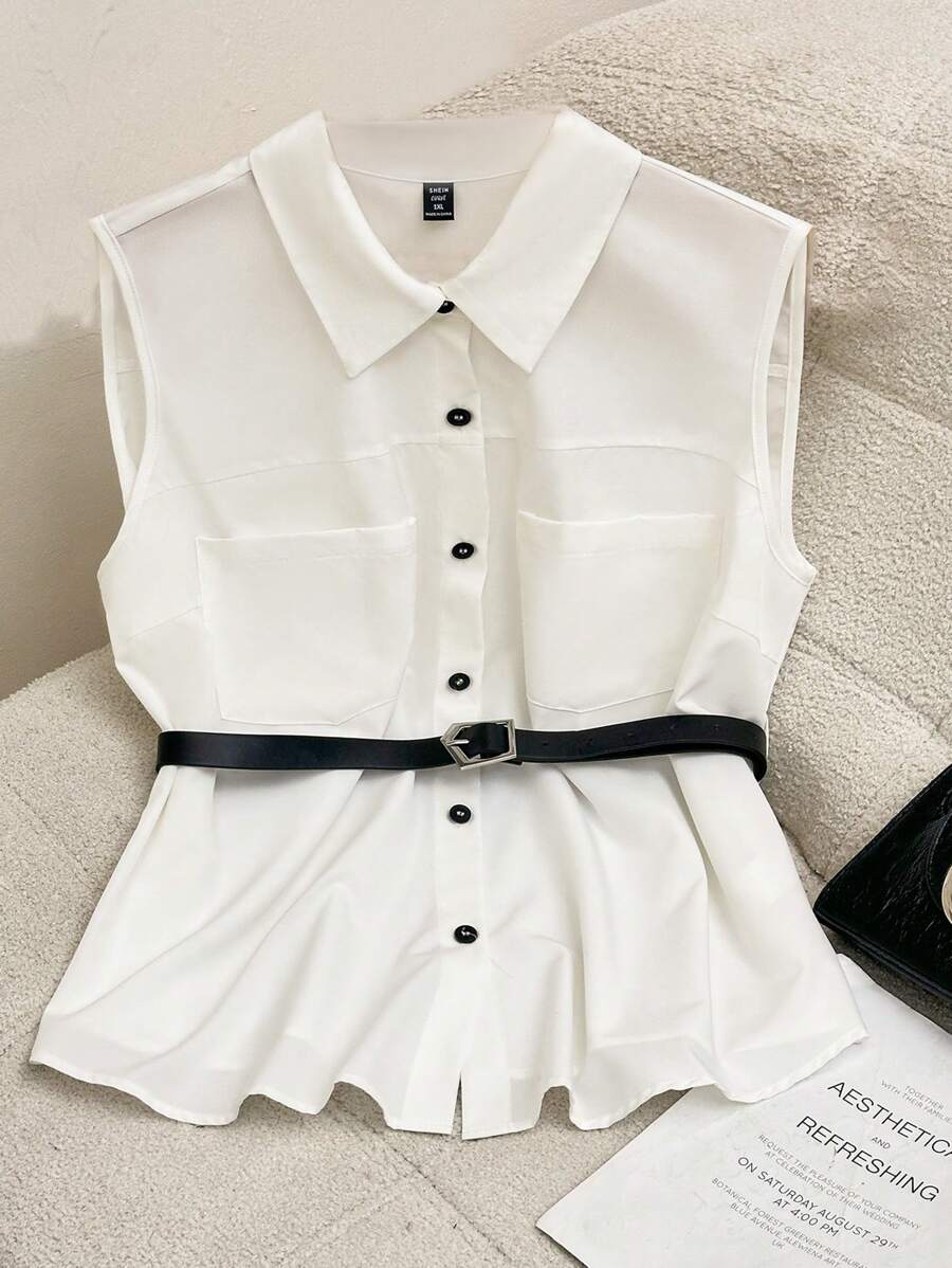 SHEIN Unity Plus Size Summer Casual Sleeveless Solid Color Shirt - White - View 1