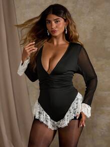 Flirla Mono de manga larga de unicolor y estilo de moda, adecuado para el verano, tallas grandes - Negro - Ver 5