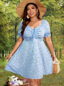 SHEIN VCAY Plus Size Short Sleeve Casual Dress, Suitable For Summer - Baby Blue - View 1