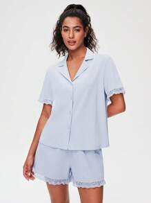 LUVLETTE 柔软棉质荷叶边蕾丝花边纽扣短款透气蓝色女士睡衣套装，含带口袋的短裤和四角裤