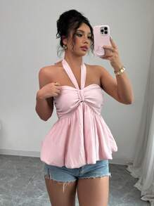 SHEIN Clasi Multi-Wear Solid Color Halter Neck Fashion Shirt, Suitable For Summer