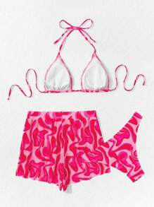 Swim Vcay 3pcs/Set Printed Bikini Swimsuit For Summer Beach Vacation - Hot Pink - View 5