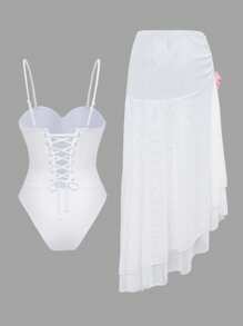 Swim Oasis 2Pcs Women White Spaghetti Strap Push Up One-Piece Swimsuit Set With Mesh Ruffle Beach Skirt,Cute Summer Party Vacation Holiday High Cut Swimwear - White - View 8