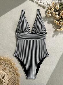 Swim Vcay Women Striped Print One-Piece Swimsuit, Perfect For Vacation For Summer - Black and White - View 3