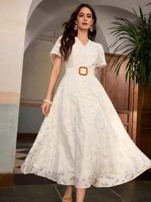 ZEYLAH Vestido largo elegante con escote en V, mangas cortas y cintura ceñida con cortes