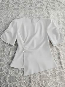 Franclia 不对称设计优雅圆领女式衬衫 - 白色 - 查看 4