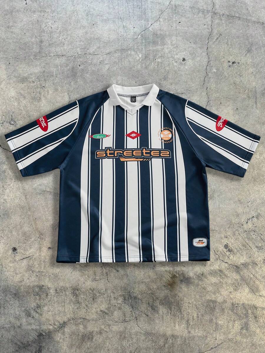 AXEPEAK 男士宽松数码印花 V 领 Polo 衫，校园风，街头风