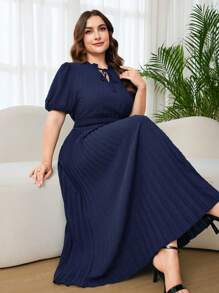 Ellevyn Plus Size Fashion Polka Dot Jacquard Tie Waist Pleated Summer Dress,Graduation Dress,Graduation Dresses For Women,White Graduation Dress,Graduation Outfit, ,Summer Dress,Graduation Dress,Dresses For Women Summer,Wedding Guest Dress Women Prom Dress,Elegant Dresses For Party,Birthday Dresses For Women,Dresses For Women Elegant,Elegant Dresses For Women - Navy Blue - View 2