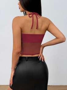 EgrlEra Parte superior casual de mujer con cuello de halter de encaje y malla translúcida empalmada - Burdeos - Ver 2