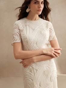 Anewsta 海滩假期和情人节圆领花卉拼接荷叶边下摆修身迷你连衣裙 - 杏色 - 查看 5