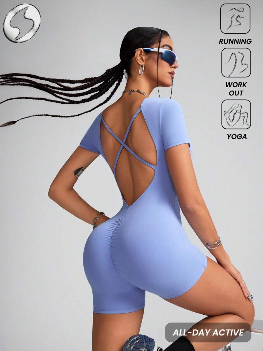 Innovista Women's Light Blue Summer Athleisure Gym Workout One-Piece Romper,Short Sleeve Backless Criss-Cross -Lifting Sport Suit,Breathable Activewear - Mauve Purple - View 1