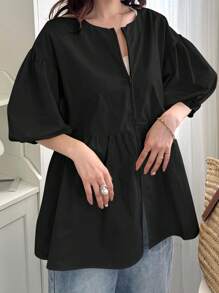 FRIFUL 女士休闲纯色拉链前泡泡袖衬衫，夏季娃娃装上衣 - 黑色 - 查看 3