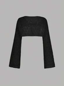 SHEIN MOD 杏色系带针织镂空喇叭袖开衫，度假开衫，波西米亚开衫，沙滩开衫，女士乡村风，春季开衫外套