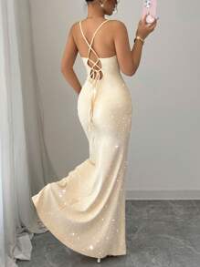 Elenzga 派对亮片细肩带系带设计女式连衣裙 - 杏色 - 查看 2