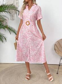SHEIN LUNE Women's Casual Floral All-Over Print Mid-Length Dress,White And Pink Summer Boho Vacation Holiday Wedding Guest Graduation Dress Concert Outfits - Pink - View 6