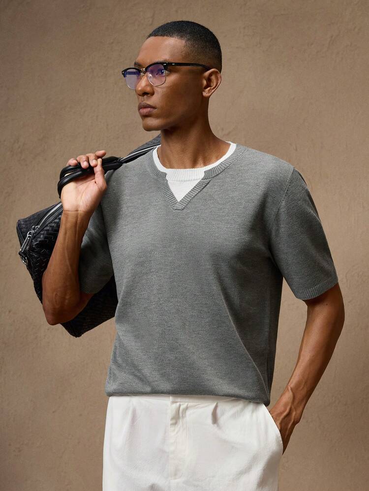 Men's Knitted Short Sleeve Elastic Form-Fitting Knit Top With Double-Layer Collar, Suitable For Summer, Vacation, Casual Wear, Parties, Couple Sets, Gifts For Men, Father's Day, School