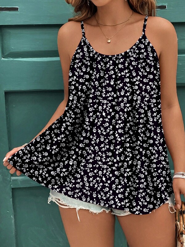 EMERY ROSE Plus Size Polka Dot & Floral Print Casual Elegant Camisole & Tank Top, Suitable For Summer Vacation