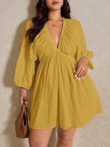 Elaquor 大码女式深V领灯笼袖纯色连衣裙