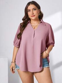 SHEIN Essnce 大码女式夏季休闲宽松 V 领宽松衬衫，教师工作衬衫 - 藕粉色 - 查看 4