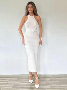 Firerie Boho Women Elegant White Autumn Vacation Knit Sleeveless Halter Backless Hollow Sweater Dress, Solid Color Crochet Summer Beachwear Outfits - White - View 6