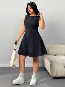 SHEIN EZwear 大码女式黑色无袖圆领A字腰中长连衣裙 - 黑色 - 查看 4