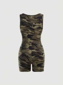 SHEIN Bộ đồ liền thân dệt kim in họa tiết ngụy trang giản dị thời trang đường phố cho bé gái tuổi mới lớn - xanh quân đội - Xem 2