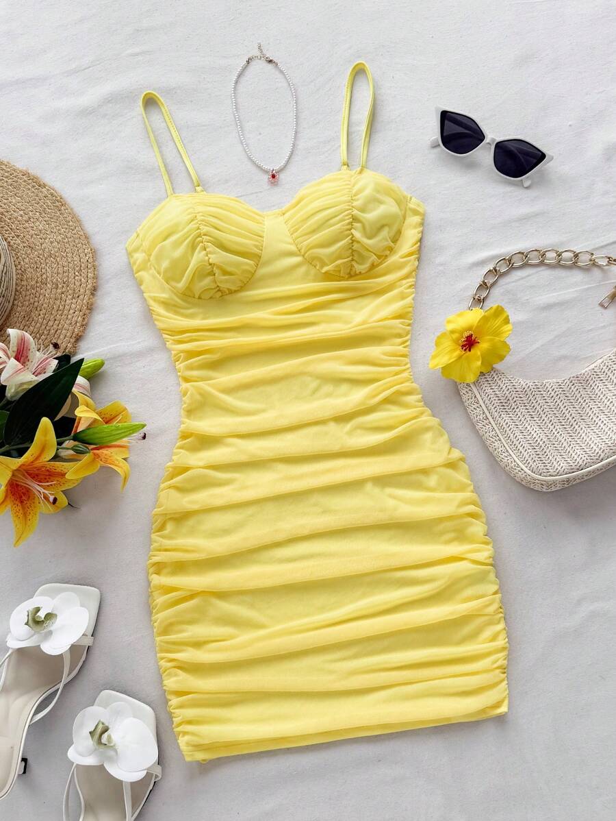 Soleia Foldover Mesh Yellow Cami Mini Dress,70s Boho Style Summer Holiday Party Dress,Suitable For Date,Afternoon Tea,No Chest Padding - Mustard Yellow - View 1