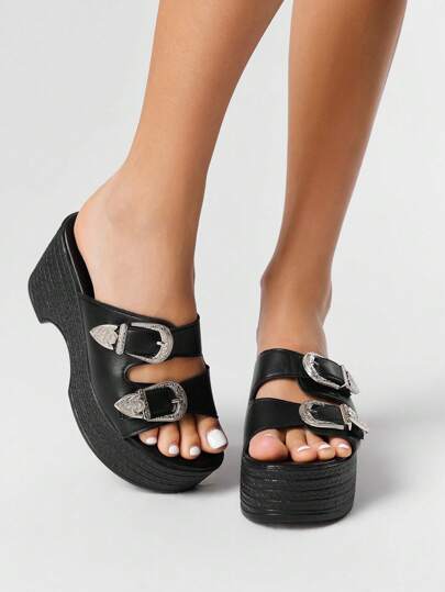 Goth Women's Dark Rock Punk Goth Sandals, Summer Open Toe Roman Beach Wedge Straw Woven Platform Slip-On Heeled Sandals