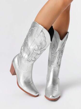 Fairycore Damen Silber Cowboystiefel, Outdoor Lässig Mode Slip-On Stickerei Western Stiefel bis zur Mitte des Wades, Frühling/Herbst