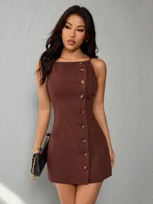 SHEIN PETITE Vestido mini de verano casual para mujer con botones delanteros y tirantes de unicolor - Marrón - Ver 4