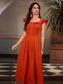 ZEYLAH Women Linen Midi Dresses - Orange - View 5