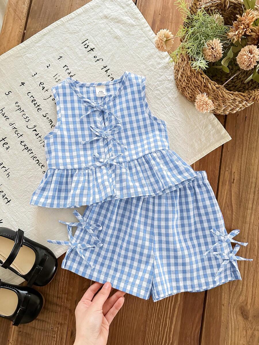 SHEIN 可爱夏季休闲蓝色格子蝴蝶结无袖上衣和松紧腰短裤套装，“女婴”