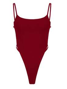 INAWLY Women's Summer Vacation Beach Solid Color Backless Spaghetti Strap Bodysuit - Red - View 3