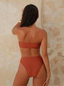 Swim Chiccia Bộ đồ bơi bikini thời trang gợi cảm màu trơn dành cho nữ, 2 trong 1 (cổ yếm & bandeau) áo hở lưng trang trí kim loại & quần bơi tam giác đính kim loại, đồ bơi đi biển mùa hè - Rỉ Nâu - Xem 4