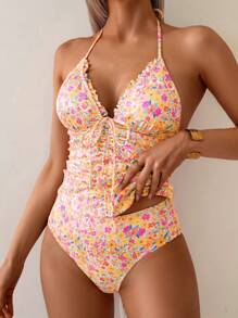 SHEIN Swim 女式碎花 V 领荷叶边两件套泳衣，休闲舒适的度假泳装 - 彩色 - 查看 3