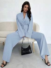 Firerie 女士优雅休闲度假通勤办公室宽松翻领系腰紧身牛仔裤和高腰宽松阔腿裤，适合秋夏季 - 淺色水洗藍 - 查看 7