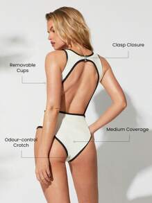 GLOWMODE Glow With The Flow Quick Dry Chlorine Resistant High Neck Back Cutout Removable Cups Colorblock Trim Full Coverage One Piece Swimsuit Swimming Beach Pool Vacation Resort Travel Summer Wear