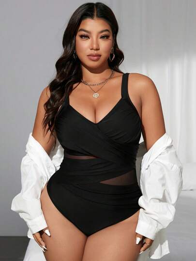 Swim SXY Traje de baño de una pieza de corte slim, con parches de malla de dos tonos y cruzados, para mujer de talla grande. Ideal para el verano y las vacaciones en la playa.