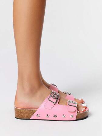 Grunge Punk Sandali da spiaggia in stile punk rock scuri, sandali infradito casual da vacanza con cinturino e punta aperta a forma di stella, sandali con zeppa platform