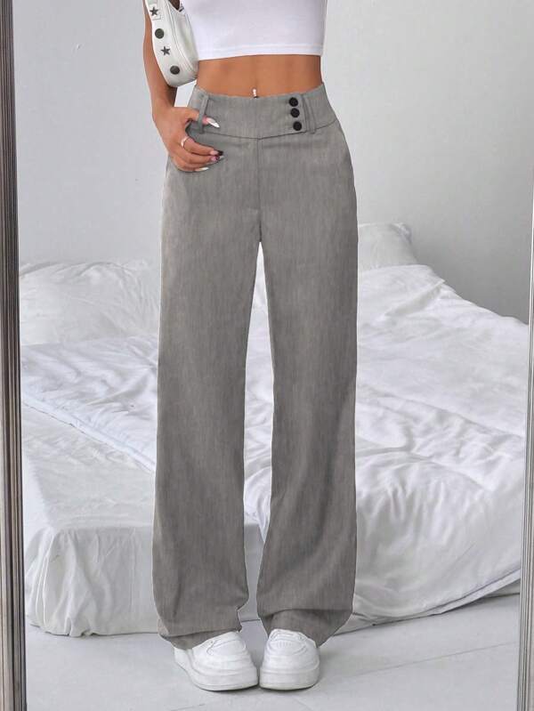 SHEIN Tall Pantalon droit ample décontracté à design bouton taille pour femmes, couleur unie