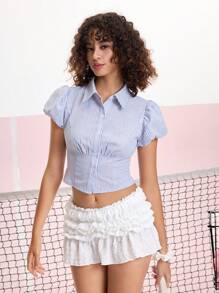 SHEIN MOD Blusa con cuello a rayas y mangas abultadas linda - Azul y blanco - Ver 1
