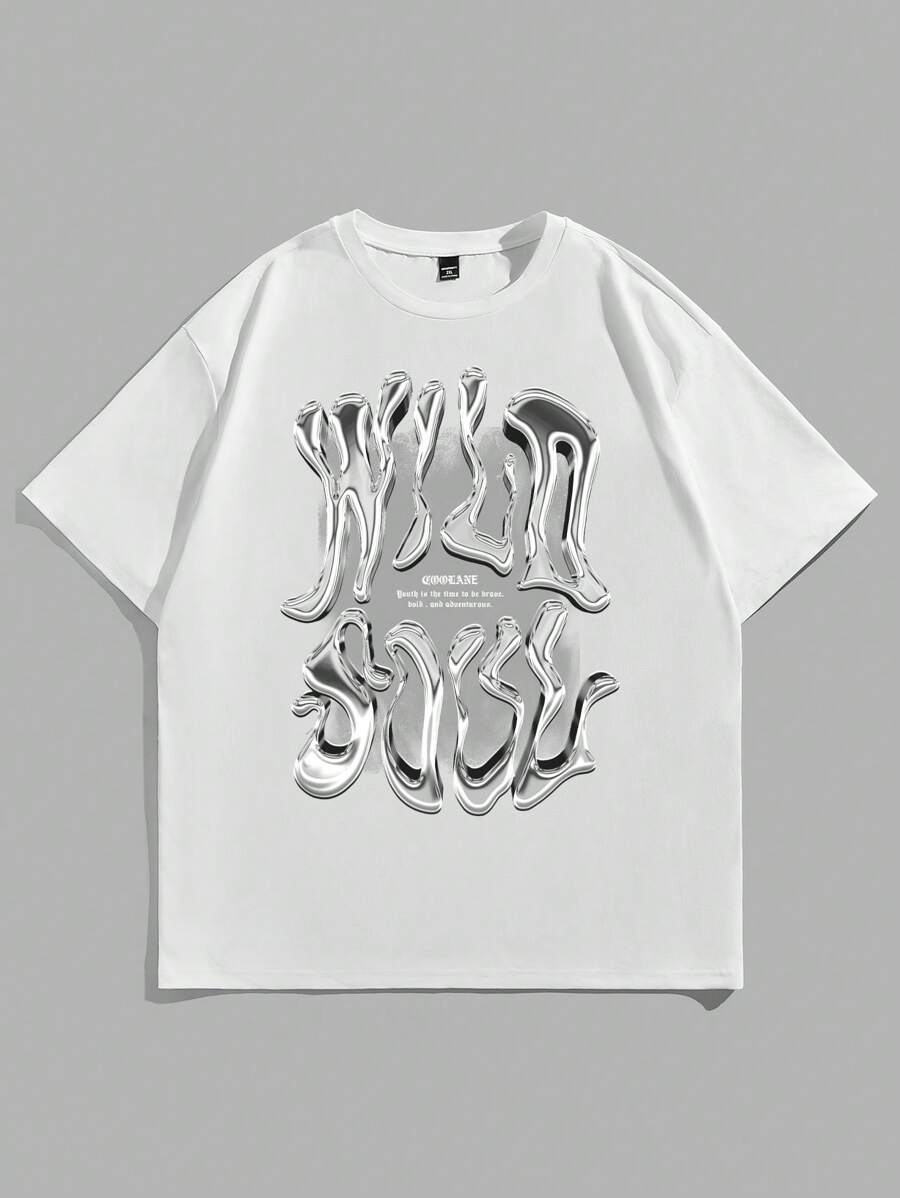 Manfinity EMRG Street Style Plus Size Fluid Metallic Text Graphic Print White Round Neck T-Shirt - White - View 1